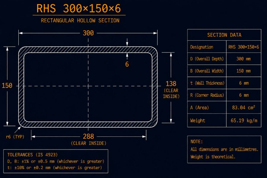 300×150×6 RHS cross-section diagram showing 300 mm width, 150 mm height and 6.0 mm wall per IS 4923:1997