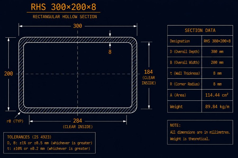 300×200×8 RHS cross-section diagram showing 300 mm width, 200 mm height and 8.0 mm wall per IS 4923:1997