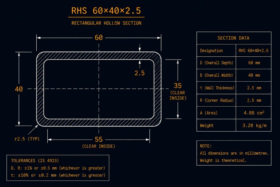 60×40×2.5 RHS cross-section diagram showing 60 mm width, 40 mm height and 2.5 mm wall per IS 4923:1997
