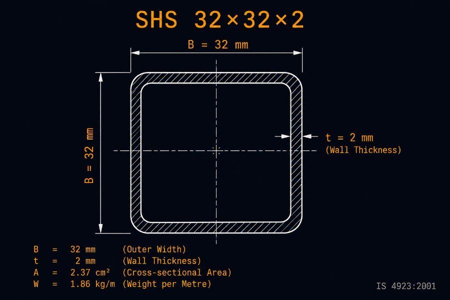 32×32×2 SHS cross-section diagram showing 32 mm outside dimension and 2.0 mm wall per IS 4923:1997